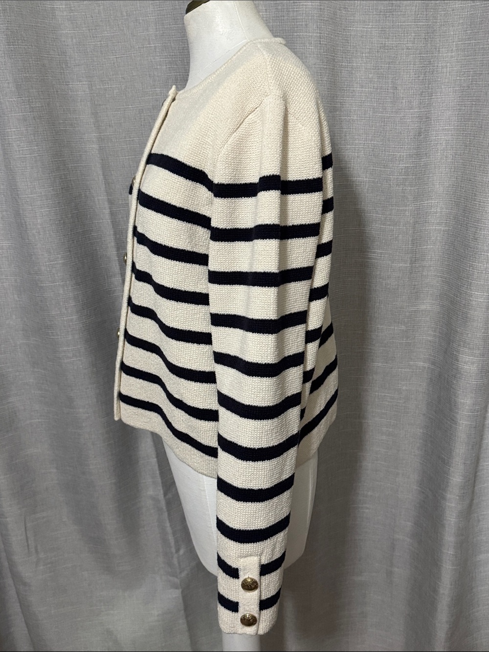 NWT H & M Knit Cardigan-Cream/Black Striped-Gold Toned Buttons-Poly Blend-Sz M - Picture 7 of 15